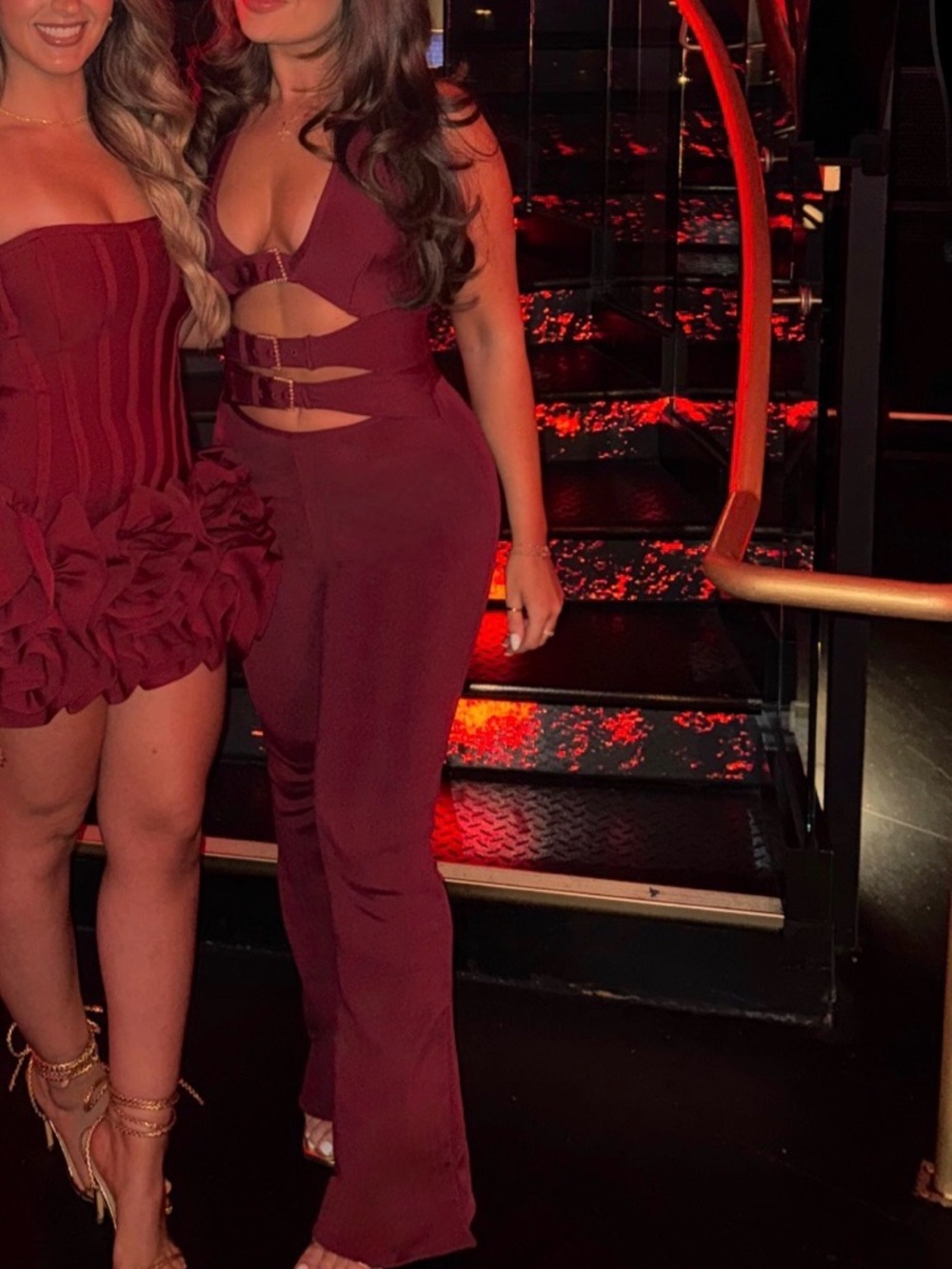 burgundy cutout buckle jumpsuit